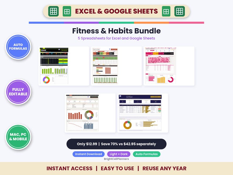 May include: A digital fitness and habits bundle featuring five spreadsheets for Excel and Google Sheets. The display includes various data dashboards with charts, graphs, and tables, labeled with text including Auto Formulas and Fully Editable.