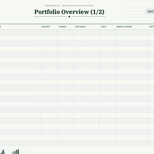 Puede incluir: Una p&aacute;gina de seguimiento de cartera digital con el texto Portfolio Overview (1/2) en la parte superior. El dise&ntilde;o presenta una tabla con columnas para Ticker, Name, Account, Shares, Cost Basis, Yield, Annual Income y Sector, m&aacute;s pesta&ntilde;as.