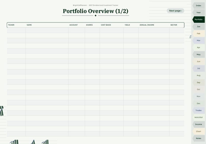 Puede incluir: Una p&aacute;gina de seguimiento de cartera digital con el texto Portfolio Overview (1/2) en la parte superior. El dise&ntilde;o presenta una tabla con columnas para Ticker, Name, Account, Shares, Cost Basis, Yield, Annual Income y Sector, m&aacute;s pesta&ntilde;as.