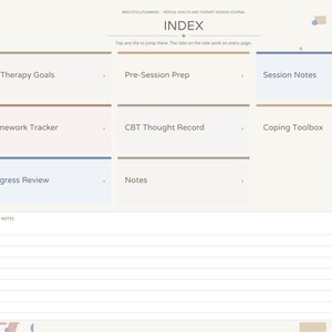 May include: A digital mental health and therapy session journal index page featuring a sidebar with navigation tabs and a main grid of clickable tiles labeled My Therapy Goals, Pre-Session Prep, Session Notes, Homework Tracker, CBT Thought Record, Coping Toolbox, Progress Review, and Notes, with a Quick Notes lined section at the bottom.