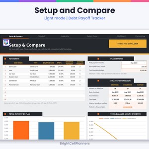May include: A digital debt payoff tracker spreadsheet titled Setup and Compare. The interface features tables for debt details, plan settings, and strategy comparisons, alongside bar and line charts visualizing interest and total balance over time.