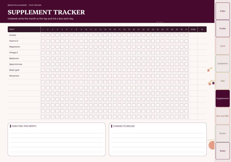 May include: A digital supplement tracker planner page with a dark purple header labeled SUPPLEMENT TRACKER. It features a grid for daily tracking of items like Inositol and Vitamin D, plus two bottom sections for notes labeled HOW I FEEL THIS MONTH and CHANGES TO DISCUSS.