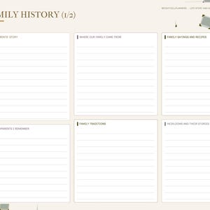 May include: A digital planner page titled FAMILY HISTORY (1/2) with a beige background and dark brown text. It features a vertical navigation menu on the left and five lined sections for writing about family stories, traditions, and heirlooms.