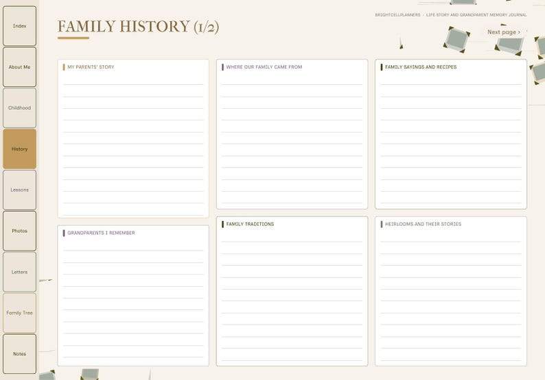 May include: A digital planner page titled FAMILY HISTORY (1/2) with a beige background and dark brown text. It features a vertical navigation menu on the left and five lined sections for writing about family stories, traditions, and heirlooms.