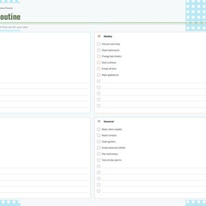 May include: A digital cleaning routine planner page with a light blue checkered border. The layout features four sections labeled Daily, Weekly, Monthly, and Seasonal, each with checkboxes and blank lines for tasks. A vertical tab menu is on the right.