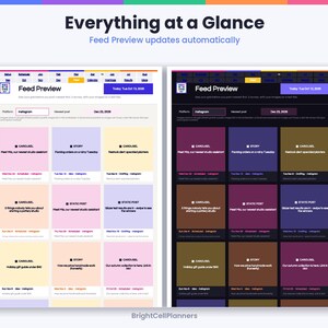 May include: A digital interface display titled Everything at a Glance and Feed Preview, showing two side-by-side grid layouts of social media posts in light and dark modes. The grid features various post types, dates, and text content.