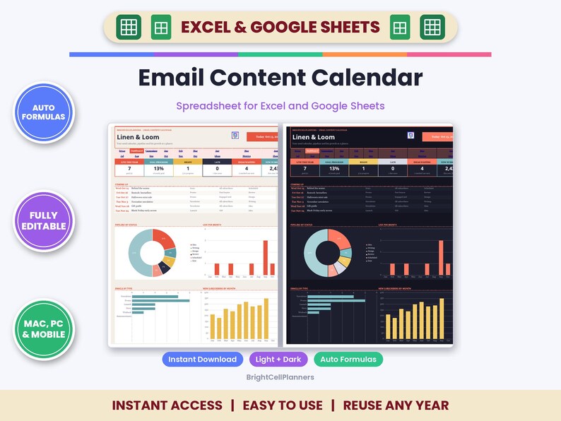 Email Marketing Content Calendar Spreadsheet for Excel & Google Sheets - Newsletter Planner and Campaign Tracker image 1