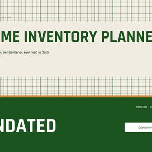 Puede incluir: Una interfaz digital de planificador de inventario del hogar con fondo de cuadr&iacute;cula. El texto dice HOME INVENTORY PLANNER, Know what you own before you ever need to claim, UNDATED, DIGITAL PLANNER y un bot&oacute;n Open planner.