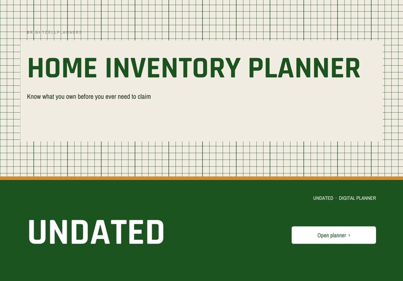 Puede incluir: Una interfaz digital de planificador de inventario del hogar con fondo de cuadr&iacute;cula. El texto dice HOME INVENTORY PLANNER, Know what you own before you ever need to claim, UNDATED, DIGITAL PLANNER y un bot&oacute;n Open planner.