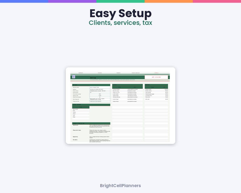 May include: A digital spreadsheet template titled Easy Setup Clients, services, tax. The interface features a dark green header with organized columns for business data, client information, and service pricing, designed for professional tracking.