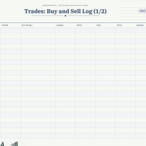 Puede incluir: Una p&aacute;gina de planificador digital titulada Trades: Buy and Sell Log (1/2) con una tabla que incluye columnas para fecha, ticker, compra o venta, acciones, precio, comisiones, total y motivo. A la derecha hay pesta&ntilde;as de navegaci&oacute;n.