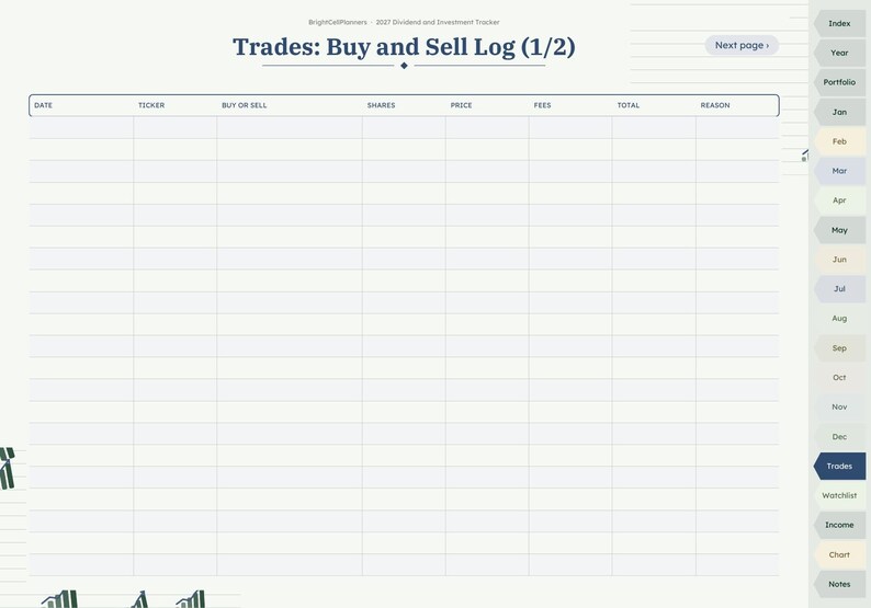 Puede incluir: Una p&aacute;gina de planificador digital titulada Trades: Buy and Sell Log (1/2) con una tabla que incluye columnas para fecha, ticker, compra o venta, acciones, precio, comisiones, total y motivo. A la derecha hay pesta&ntilde;as de navegaci&oacute;n.