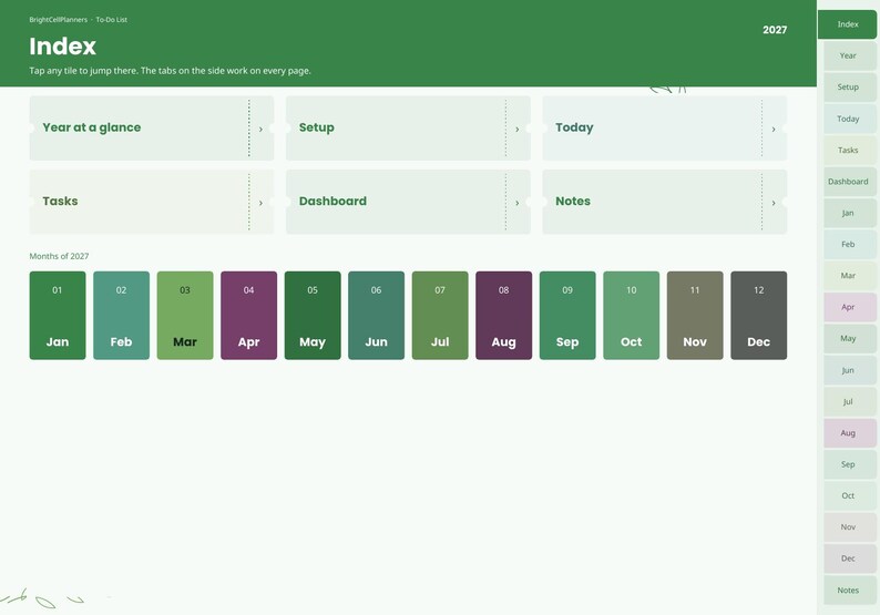 Puede incluir: Una p&aacute;gina de &iacute;ndice de planificador digital para 2027 con un encabezado verde con el texto Index y 2027. Incluye mosaicos de navegaci&oacute;n para Year at a glance, Setup, Today, Tasks, Dashboard, Notes y doce botones mensuales codificados.
