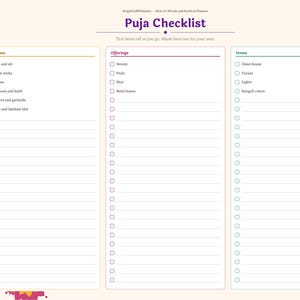 Pu&ograve; includere: Una pagina di agenda digitale intitolata Puja Checklist con tre colonne per Puja Items, Offerings e Home. Ogni colonna presenta caselle di controllo e spazi rigati per le note. La barra laterale sinistra elenca mesi e categorie di festival.