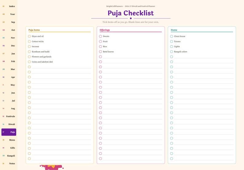 Pu&ograve; includere: Una pagina di agenda digitale intitolata Puja Checklist con tre colonne per Puja Items, Offerings e Home. Ogni colonna presenta caselle di controllo e spazi rigati per le note. La barra laterale sinistra elenca mesi e categorie di festival.