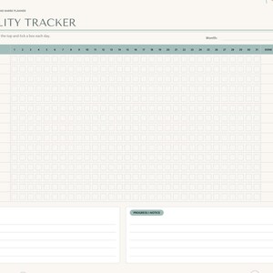 May include: A digital flexibility tracker planner page titled FLEXIBILITY TRACKER with a grid for 31 days, rows for specific stretches like hamstring stretch and hip flexors, and sections for Where I Feel Tight and Progress I Notice.