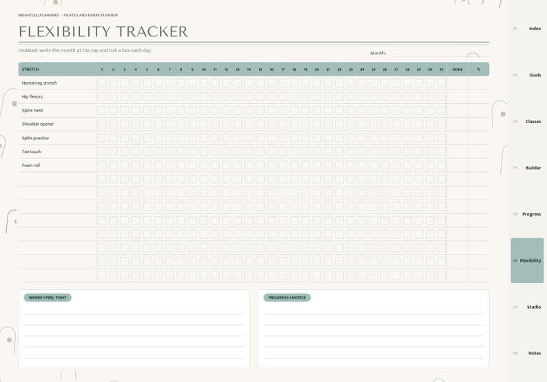 May include: A digital flexibility tracker planner page titled FLEXIBILITY TRACKER with a grid for 31 days, rows for specific stretches like hamstring stretch and hip flexors, and sections for Where I Feel Tight and Progress I Notice.