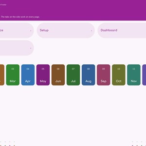 May include: A digital planner index page titled BrightCatPlanners Annual Habit Tracker 2027. It features navigation tiles for Year at a glance, Setup, Dashboard, and Notes, plus twelve colorful rectangular month buttons from Jan to Dec.