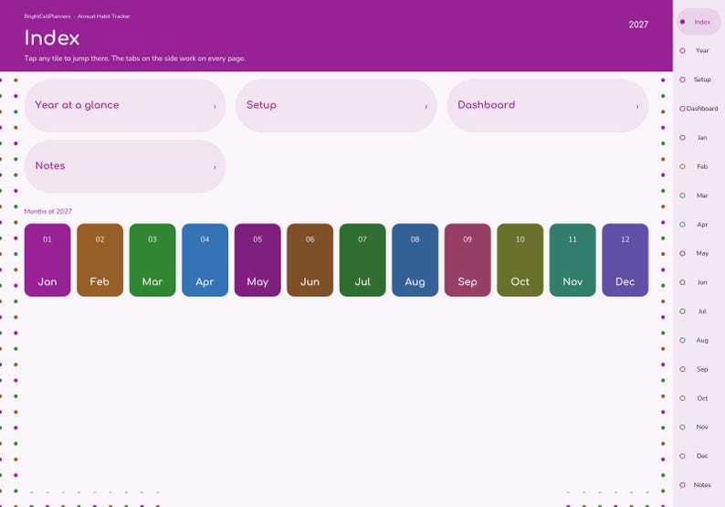 May include: A digital planner index page titled BrightCatPlanners Annual Habit Tracker 2027. It features navigation tiles for Year at a glance, Setup, Dashboard, and Notes, plus twelve colorful rectangular month buttons from Jan to Dec.