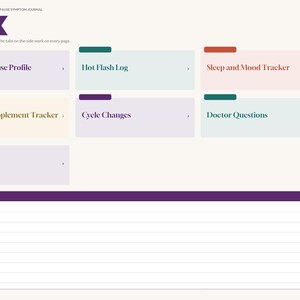May include: A digital menopause symptom journal index page featuring a purple header with the text BRIGHTCELL PLANNERS - MENOPAUSE SYMPTOM JOURNAL and INDEX. It includes navigation tiles for My Menopause Profile, Hot Flash Log, Sleep and Mood Tracker, HRT and Supplement Tracker, Cycle Changes, Doctor Questions, and Notes, plus a Quick Notes section.