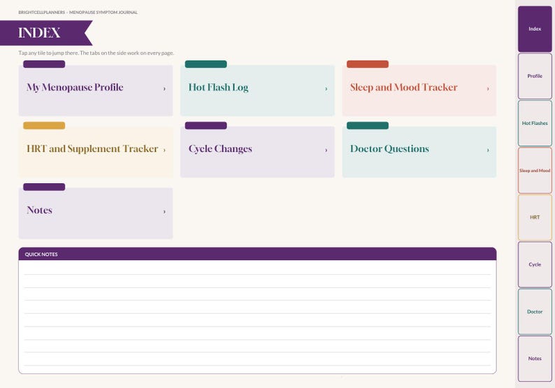 May include: A digital menopause symptom journal index page featuring a purple header with the text BRIGHTCELL PLANNERS - MENOPAUSE SYMPTOM JOURNAL and INDEX. It includes navigation tiles for My Menopause Profile, Hot Flash Log, Sleep and Mood Tracker, HRT and Supplement Tracker, Cycle Changes, Doctor Questions, and Notes, plus a Quick Notes section.
