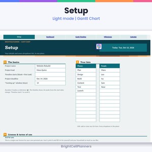 Może przedstawiać: Cyfrowy interfejs zarządzania projektami zatytułowany Setup Light mode | Gantt Chart. Zawiera sekcje dotyczące podstaw projektu, takich jak nazwa, lider i harmonogram, wraz z listami faz i os&oacute;b, z datą wtorek, 13 października 2026 r.