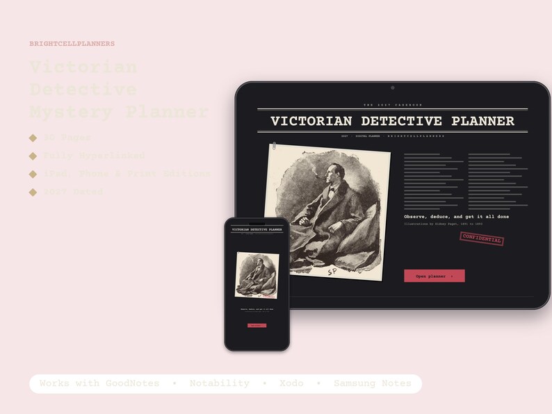 2027 Victorian Detective Digital Planner, Sidney Paget 1890s Mystery Illustrations, Hyperlinked Planner, Mystery Reader Gift image 1