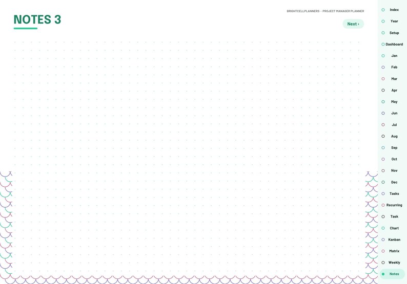 May include: A digital planner page titled NOTES 3 with a white dot grid background. The right sidebar features navigation tabs for months and project management tools. The bottom border has a repeating purple and teal scalloped pattern.
