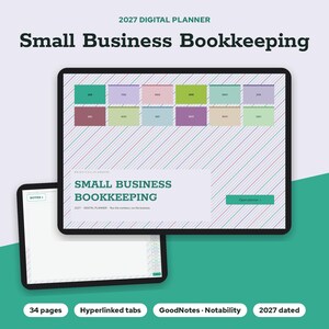 May include: A 2027 digital planner for small business bookkeeping displayed on two tablet screens. The interface features a diagonal striped background, monthly navigation buttons, and text reading Small Business Bookkeeping.