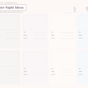 May include: A digital planner page titled Date Night Ideas with a sidebar listing Index, Goals, Date Night, Check-in, Love, Memories, Bucket, and Notes. The layout features eight rectangular boxes for sketches or stickers with lines for Idea, Budget, and Done on.