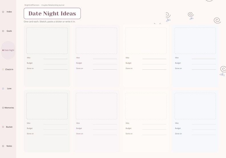 May include: A digital planner page titled Date Night Ideas with a sidebar listing Index, Goals, Date Night, Check-in, Love, Memories, Bucket, and Notes. The layout features eight rectangular boxes for sketches or stickers with lines for Idea, Budget, and Done on.