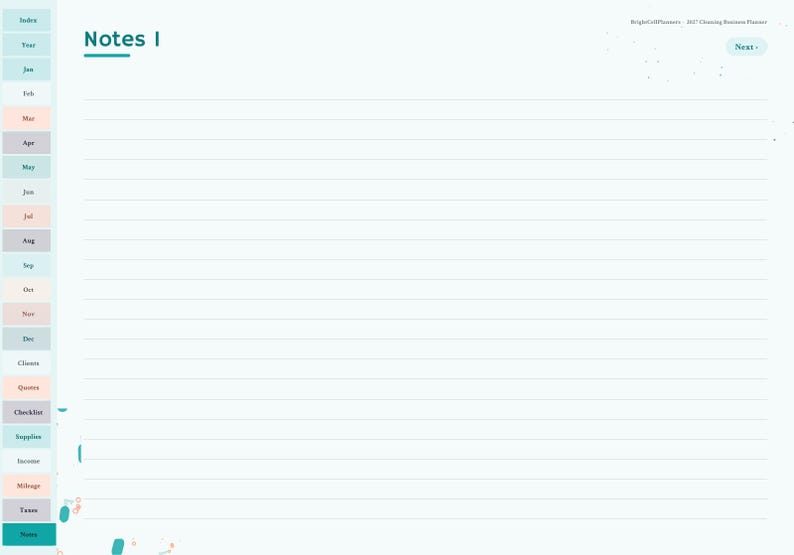 May include: A digital planner page titled Notes 1 with horizontal lines for writing. The left side features a vertical navigation bar with tabs labeled Index, Year, months, Clients, Quotes, Checklist, Supplies, Income, Mileage, Taxes, and Notes.