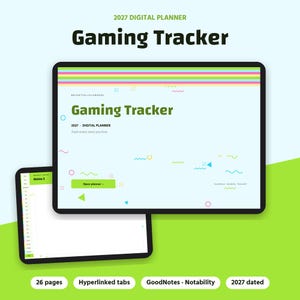 Pu&ograve; includere: Un pianificatore di gioco digitale 2027 visualizzato su due schermi di tablet. L'interfaccia presenta uno sfondo azzurro con forme geometriche colorate, un pulsante verde con l'etichetta Open planner e testo che include Gaming Tracker.
