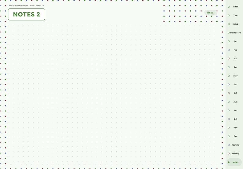 May include: A digital planner page titled NOTES 2 with a light green background and a dark dot grid pattern. The right side features a vertical navigation bar with labels including Index, Year, Setup, Dashboard, months from Jan to Dec, Routine, and Weekly.