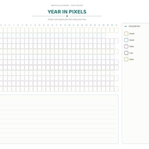 May include: A digital Year in Pixels mood tracker planner page featuring a grid for twelve months, a color key with five categories, and a section for notes and patterns. The right side displays a vertical navigation menu with tabs.