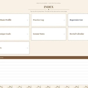 May include: A digital music practice journal index page with a cream background and brown accents. It features navigation tabs on the left and clickable tiles labeled My Music Profile, Practice Log, Repertoire List, Technique Goals, Lesson Notes, Recital Calendar, and Notes. A Quick Notes section with lined paper is at the bottom.