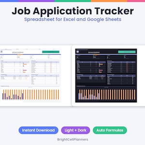 May include: A digital Job Application Tracker spreadsheet for Excel and Google Sheets featuring light and dark mode dashboard views with tables, charts, and metrics. The interface displays job search data, application status, and progress bars.