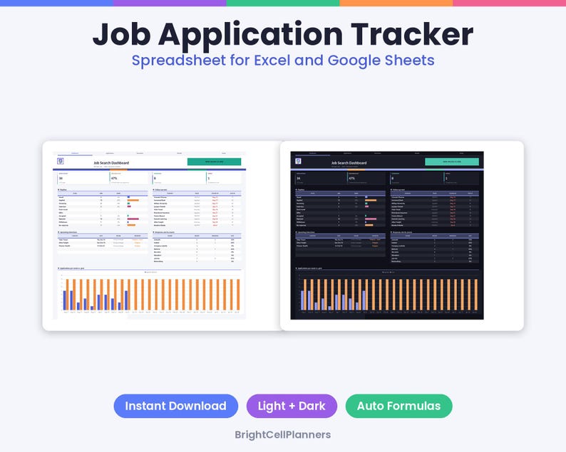 May include: A digital Job Application Tracker spreadsheet for Excel and Google Sheets featuring light and dark mode dashboard views with tables, charts, and metrics. The interface displays job search data, application status, and progress bars.