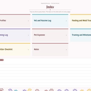 May include: A digital pet care planner index page featuring a sidebar with labeled tabs and a main grid of clickable tiles. The tiles are titled Pet Profiles, Vet and Vaccine Log, Feeding and Meds Tracker, Grooming Log, Pet Expenses, Training and Milestones, Pet Sitter Checklist, and Notes. A lined Quick Notes section sits below.