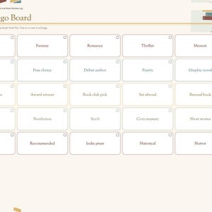 May include: A digital Genre Bingo Board planner page with a grid of twenty-five squares, each labeled with book categories like Classic, Fantasy, and Memoir. The layout includes a sidebar with navigation tabs and the text Genre Bingo Board.