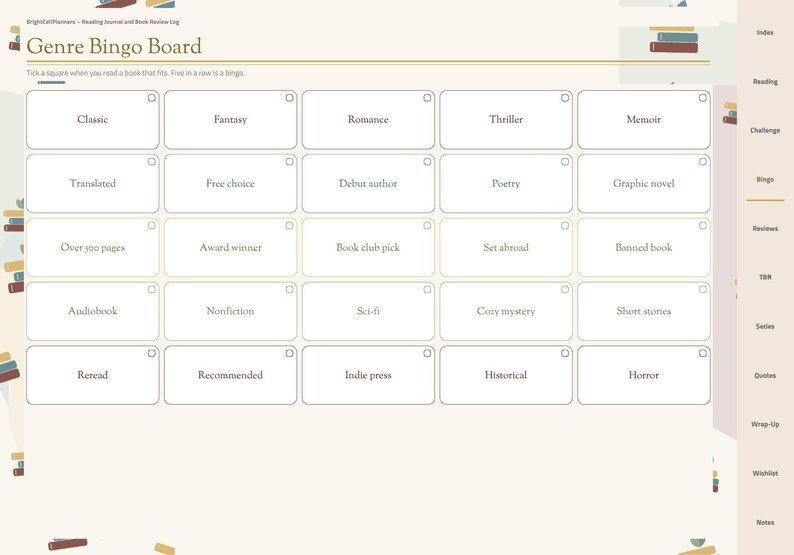 May include: A digital Genre Bingo Board planner page with a grid of twenty-five squares, each labeled with book categories like Classic, Fantasy, and Memoir. The layout includes a sidebar with navigation tabs and the text Genre Bingo Board.