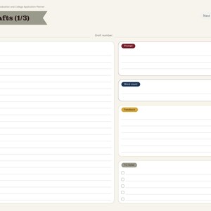 May include: A digital planner page titled Essay Drafts (1/3) with a large lined section for writing, and smaller boxes labeled Prompt, Word count, Feedback, and To revise with checkboxes. A vertical navigation tab menu is on the right.