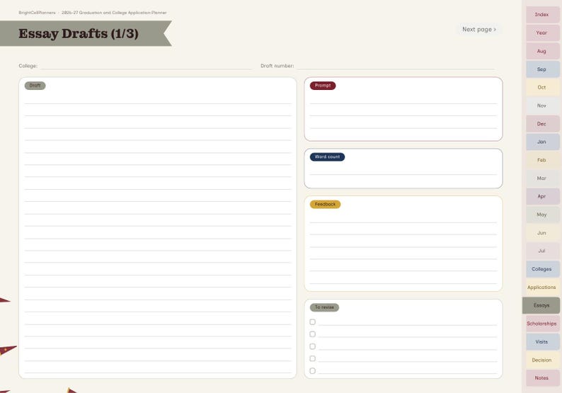 May include: A digital planner page titled Essay Drafts (1/3) with a large lined section for writing, and smaller boxes labeled Prompt, Word count, Feedback, and To revise with checkboxes. A vertical navigation tab menu is on the right.
