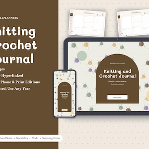 Puede incluir: Un diario digital de tejido y ganchillo mostrado en una pantalla de tableta y tel&eacute;fono inteligente. La interfaz presenta un dise&ntilde;o de arco marr&oacute;n con el texto Knitting and Crochet Journal. El fondo tiene un patr&oacute;n de ovillos.