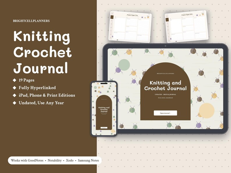 Puede incluir: Un diario digital de tejido y ganchillo mostrado en una pantalla de tableta y tel&eacute;fono inteligente. La interfaz presenta un dise&ntilde;o de arco marr&oacute;n con el texto Knitting and Crochet Journal. El fondo tiene un patr&oacute;n de ovillos.