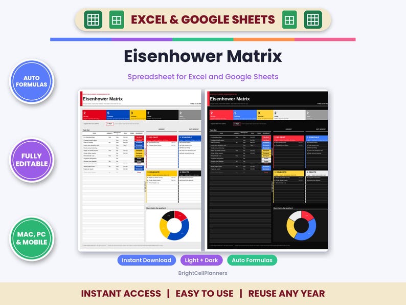Eisenhower Matrix Spreadsheet for Excel & Google Sheets - Priority Task Planner and Time Management image 1