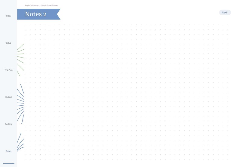 K&ouml;nnte beinhalten: Eine digitale Planerseite mit der &Uuml;berschrift Notes 2 und einem blauen Banner oben. Die linke Seitenleiste enth&auml;lt Index, Setup, Trip Plan, Budget, Packing und Notes. Der Hauptbereich hat einen wei&szlig;en Hintergrund mit Punktgitter.