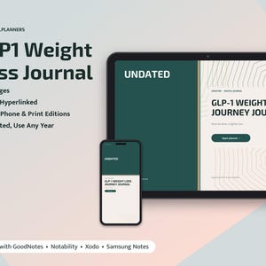 K&ouml;nnte beinhalten: Ein digitales GLP1-Gewichtsverlust-Journal auf einem Tablet- und Smartphone-Bildschirm. Die Benutzeroberfl&auml;che zeigt ein dunkelgr&uuml;nes und cremefarbenes Design mit dem Text GLP-1 WEIGHT LOSS JOURNEY JOURNAL, UNDATED und 21 Pages.