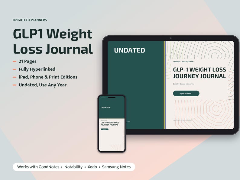 K&ouml;nnte beinhalten: Ein digitales GLP1-Gewichtsverlust-Journal auf einem Tablet- und Smartphone-Bildschirm. Die Benutzeroberfl&auml;che zeigt ein dunkelgr&uuml;nes und cremefarbenes Design mit dem Text GLP-1 WEIGHT LOSS JOURNEY JOURNAL, UNDATED und 21 Pages.