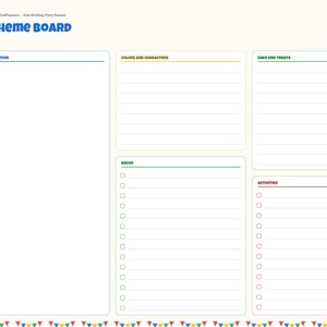 May include: A digital party planner page titled THEME BOARD with sections for INSPIRATION, COLORS AND CHARACTERS, CAKE AND TREATS, DECOR, and ACTIVITIES. The left sidebar lists index tabs including Details, Theme, Events, Budget, Timeline, Favors, Gifts, and Notes.